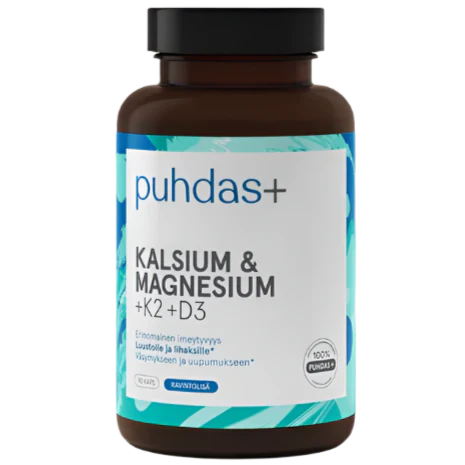 Комплекс для костей кальций, магний, К2 и Д3 Puhdas+ Kalsium & Magnesium + K2-vitamiini + D3-vitamiini 90 капс